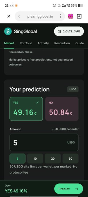 SingGlobal prediction market showing a "YES/NO" bet on song popularity priced at 49.16¢/50.84¢ USDG, with a 5 USDG wager field and a "Predict" button at the bottom, illustrating the music-focused prediction market mentioned in the post.