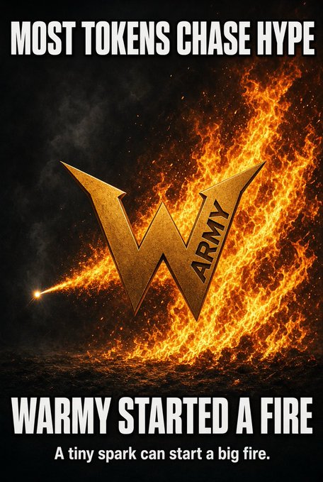 A dramatic promotional poster featuring a golden 'W ARMY' logo engulfed in flames against a dark background, with the text 'MOST TOKENS CHASE HYPE' at the top and 'WARMY STARTED A FIRE' at the bottom, plus a subtitle 'A tiny spark can start a big fire.'