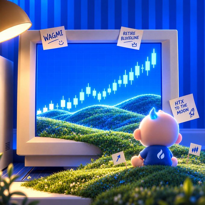 A small blue crypto character with a flame-like top sits on lush green grass before an old computer monitor displaying a bullish candlestick chart trending upward, surrounded by sticky notes reading "WAGMI," "RETIRE BLOODLINE," and "HTX TO THE MOON," perfectly capturing the post's joke of "touching grass + charts" by blending outdoor greenery with crypto trading vibes.
