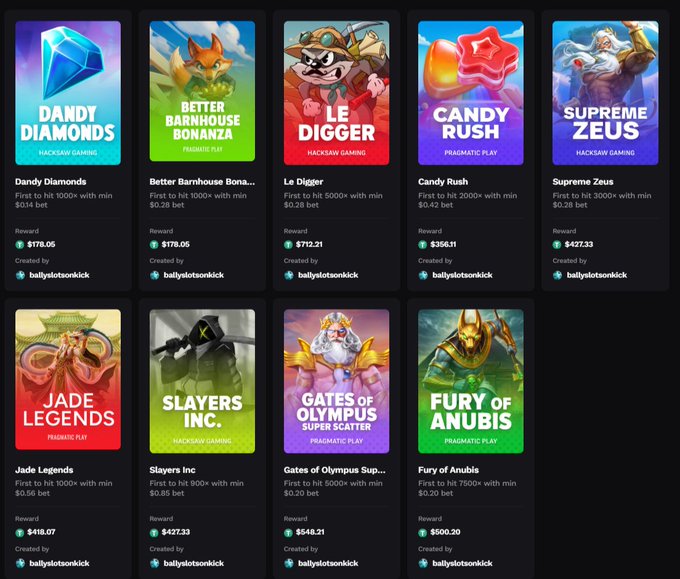 A promotional showcase for @degencom slot challenges featuring nine casino games including Dandy Diamonds ($178.06), Better Barnhouse Bonanza ($178.06), Le Digger ($712.21), Candy Rush ($356.11), Supreme Zeus ($427.33), Jade Legends ($418.07), Slayers Inc ($427.33), Gates of Olympus Super Scatter ($544.21), and Fury of Anubis ($500.20), all created by ballyslotsonskick with various bet thresholds for affiliates to engage with on the platform.