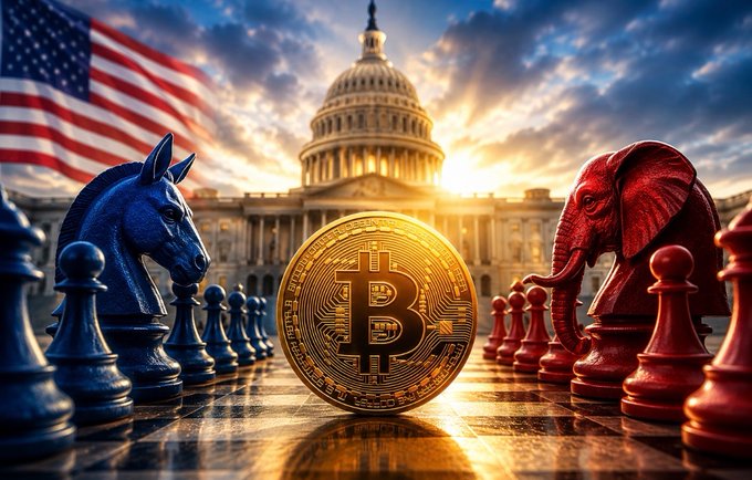 A Bitcoin coin sits between red and blue chess pieces—featuring a Democratic donkey and Republican elephant—with the U.S. Capitol and American flag in the background, symbolizing the political tug-of-war over cryptocurrency regulation as the September 15 deadline for the CLARITY Act approaches.