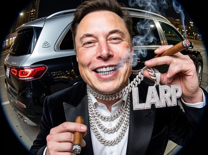 An AI-generated image depicting Elon Musk smiling, wearing chains with a 'LARP' pendant, holding cigars, with a black SUV in the background.