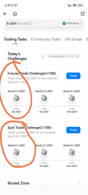 A mobile app screenshot of a trading platform's tasks page showing 'Futures Trade Challenge' and 'Spot Trade Challenge', both circled in orange, offering rewards for trading 20, 50, or 100 USDT.