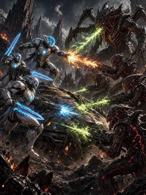 Futuristic armored soldiers with glowing blue weapons engage in a fierce battle against monstrous, lava-like creatures in a dark, fiery landscape.