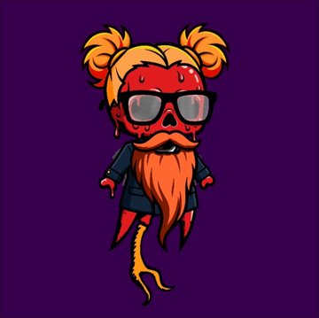 A stylized cartoon illustration of a red-skinned character with blonde pigtails, a long orange beard, sunglasses, and a mermaid-like tail against a solid purple background.