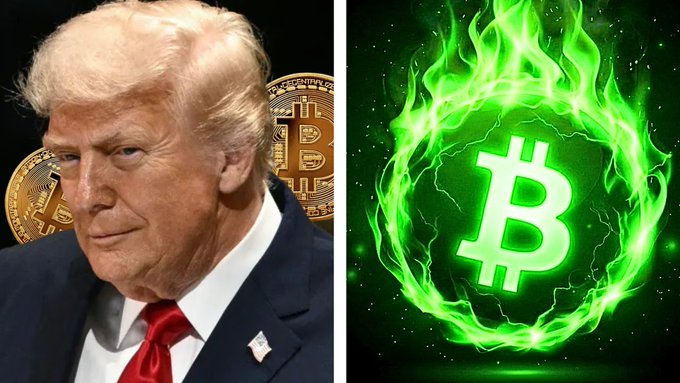 A split image showing Donald Trump on the left with Bitcoin imagery behind him, and a flaming green Bitcoin logo on the right.