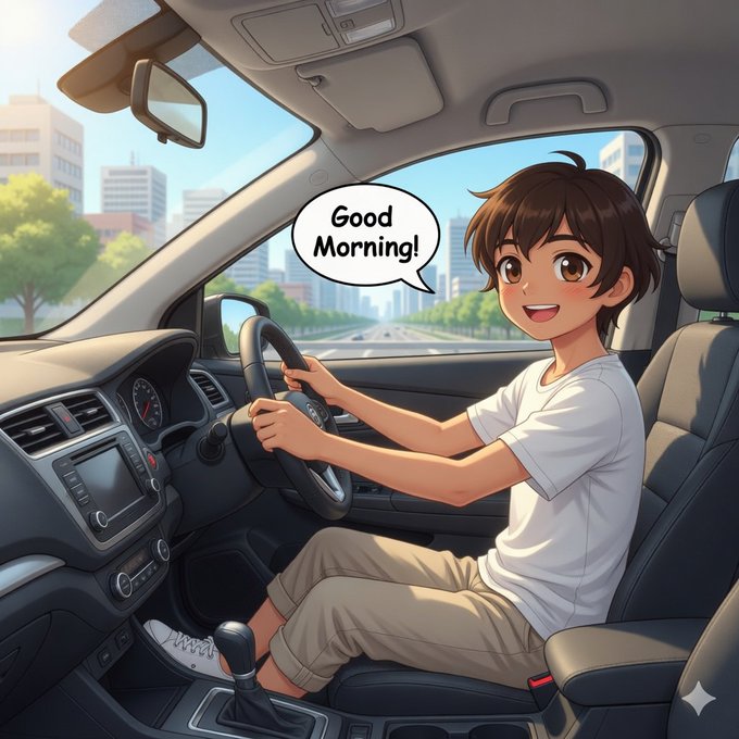 An anime-style illustration of a smiling boy with brown hair driving a car and saying 'Good Morning!'.