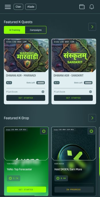 A mobile app interface displaying Featured K-Quests (DHWANI ASR - MARWADI and DHWANI ASR - SANSKRIT) and Featured K-Drop campaigns with countdown timers.