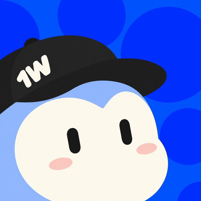 A cartoon mascot with a white face, rosy cheeks, and a black cap labeled '1W' set against a blue patterned background.