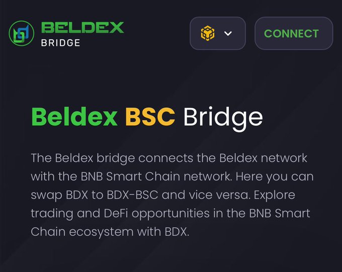 A webpage showing the 'Beldex BSC Bridge' interface with a description explaining it connects Beldex network with BNB Smart Chain for swapping BDX to BDX-BSC tokens.