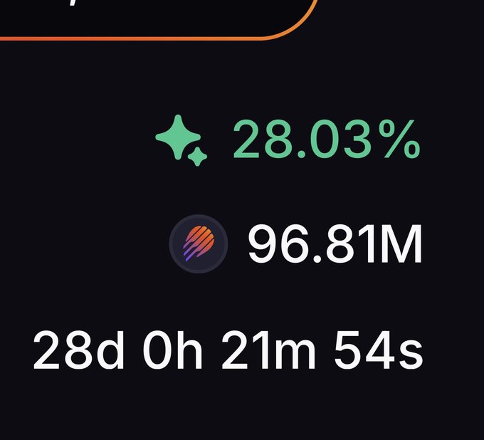 Dashboard showing a yield or staking APY of 28.03% with a balance of 96.81M and a countdown timer of 28d 0h 21m 54s.