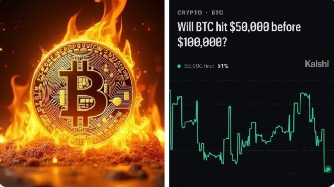 The image shows two different representations of Bitcoin, with one depicting a fire on top of the Bitcoin symbol as the background and the other showing a graph indicating a decline. The first representation focuses more on the visual appeal aspect, while the second provides a sense of time and market trends surrounding the cryptocurrency's future value. Both images are related to the post that questions whether the price will go back up before reaching $100,000 or if it has already peaked and is headed towards that point.
