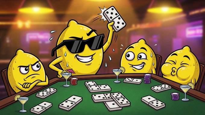 A cartoon illustration of anthropomorphic lemons playing dominoes at a casino table, with one lemon wearing sunglasses celebrating with a domino while others display various expressions, set against a colorful neon background.