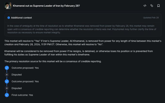 The image shows an open email sent from a messaging app, possibly to someone named @Polymarket, with a message written in black text stating "For everyone insisting that @Polymarket simply has no choice and MUST stop accepting evidence the very second a market deadline passes." The content of the email is not clear but it appears to be related to the ongoing investigation into the actions of @Khamenei out of power by February 28. It seems as if someone wants to inform others about these actions, possibly with an intention to make them understand or accept that decision.