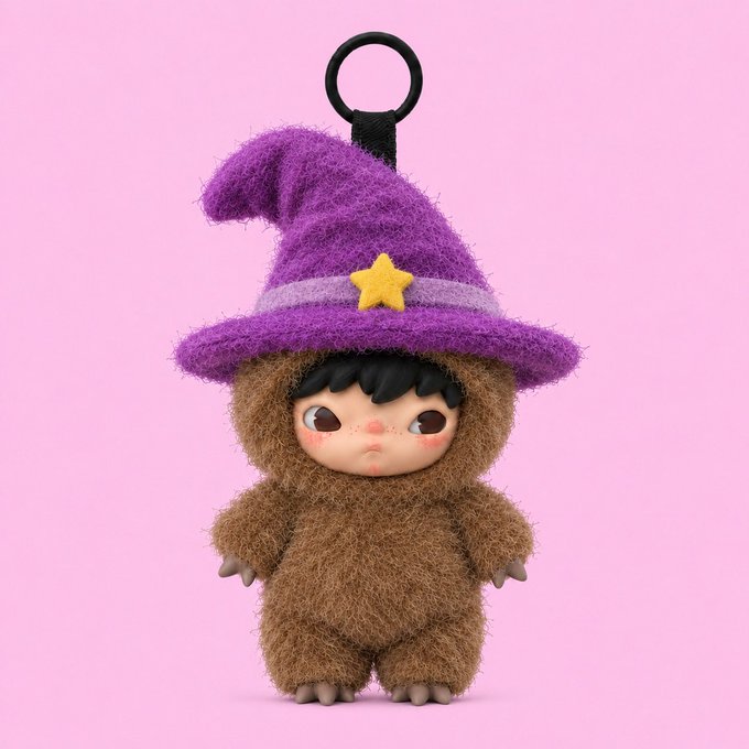A small fuzzy brown collectible figure with a face, wearing a purple witch hat with a yellow star, featuring a black carabiner clip on top against a pink background.