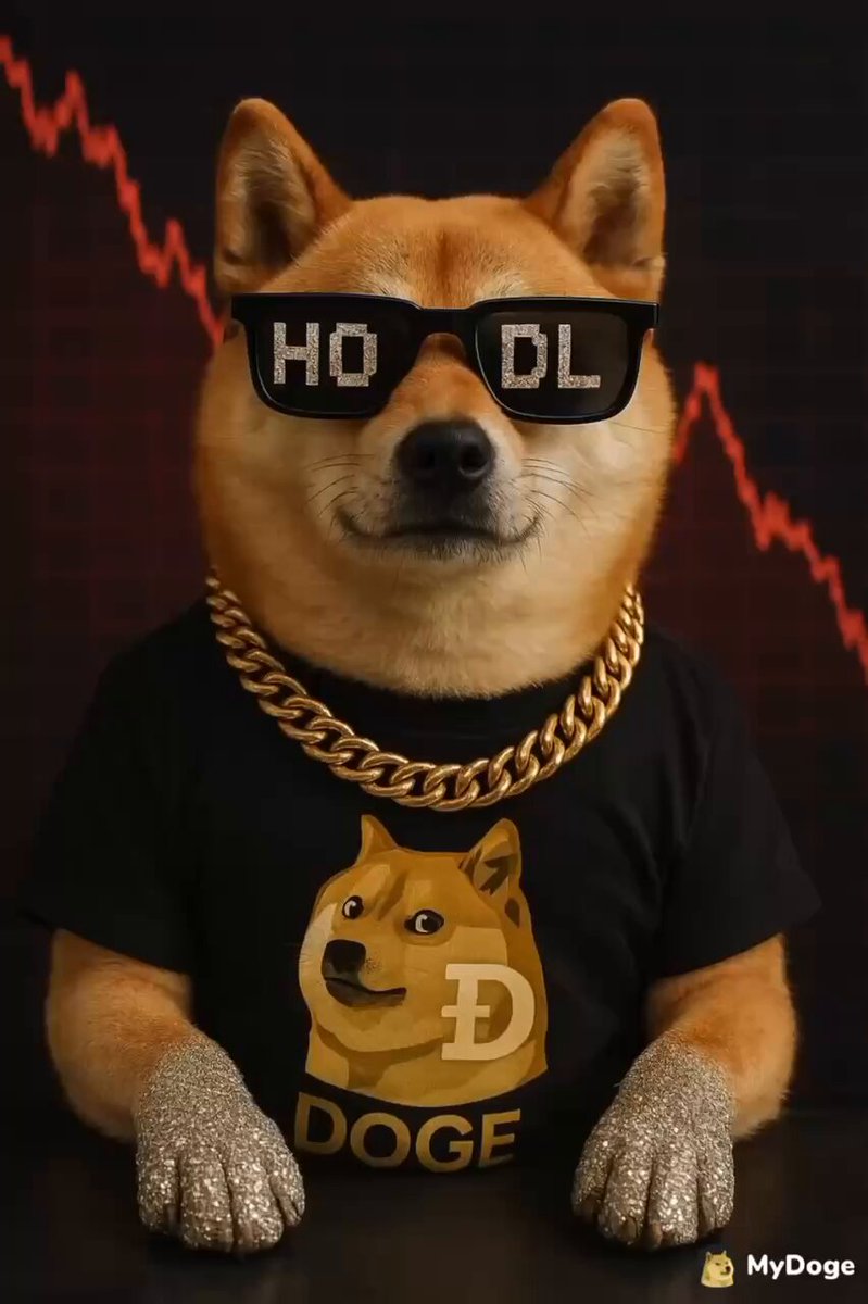 The image features a dog wearing sunglasses, a black t-shirt with a graphic of a doge holding a chain link necklace, and a gold chain pendant around its neck. The dog appears happy and engaged, possibly posing for a playful photo or promotional piece related to cryptocurrency, as indicated by the accompanying text "mydoggo.net". The overall setting is a black background that allows the focus on the main elements of the image.