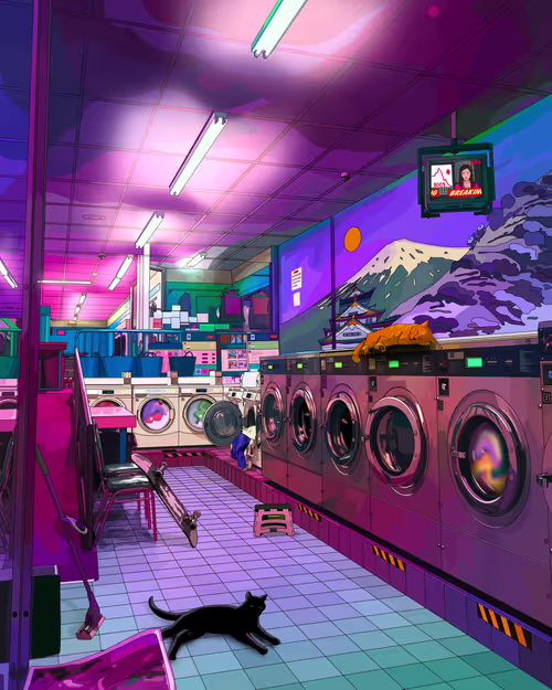 An anime-style illustration of a neon-lit laundromat features a row of washing machines, a cat on a machine, and a screen displaying "BREAKIN." The vibrant, colorful aesthetic reflects the energetic "GM" (Good Morning) sentiment in the accompanying post.