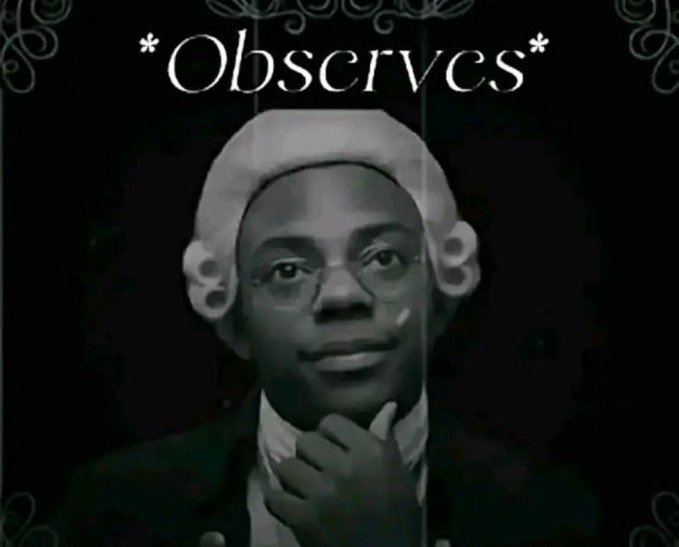 A vintage black-and-white portrait of a man wearing round spectacles and a powdered wig, with the word "Observes*" displayed above him. The image humorously conveys intense scrutiny, fitting the post's joking tone about closely watching the "runners" (top performers/trending assets) on Hyperliquid.