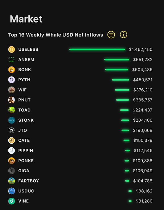 The image displays a "Top 16 Weekly Whale USD Net Inflows" leaderboard for the crypto market, showing that $USELESS led with $1,462,450 in inflows, followed by $ANSEM ($651,232), $BONK ($604,435), $PYTH ($450,521), $WIF ($376,210), and down to $VINE at $81,280. The visualization illustrates the post's point that whale money is flowing into lesser-discussed meme coins rather than the trending tokens dominating social media conversation.