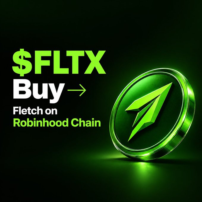 A green-themed cryptocurrency promotional image advertising '$FLTX Buy → Fletch on Robinhood Chain' with a stylized green coin featuring an upward arrow logo.