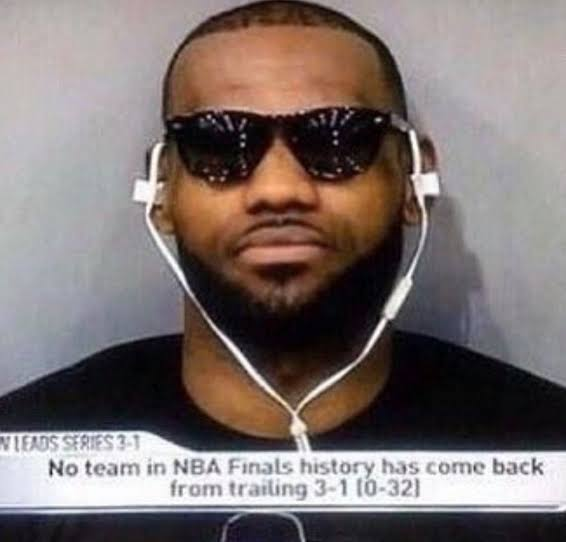 A mugshot-style image of LeBron James wearing sunglasses and earbuds, with a news ticker at the bottom reading "No team in NBA Finals history has come back from trailing 3-1 [0-32]".