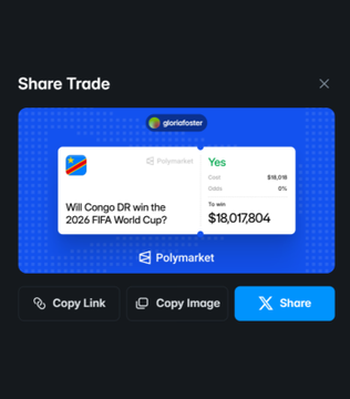 A "Share Trade" modal displays a Polymarket bet by user "gloriafoster" on "Will Congo DR win the 2026 FIFA World Cup?" showing a "Yes" position with a $98,016 cost, 0% odds, and a to-win value of $18,017,804, illustrating the high-risk World Cup moonshot bet referenced in the post.