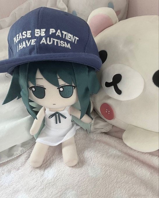 A plush doll with teal hair wearing a blue cap that reads 'PLEASE BE PATIENT I HAVE AUTISM', posed next to a white bear plush on a pink blanket.