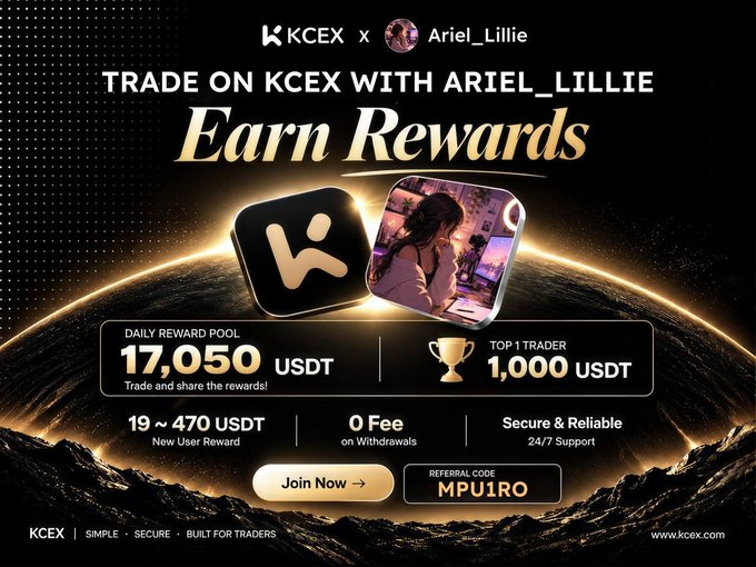 A promotional banner for a KCEX x Ariel_Lillie collaboration campaign highlights a 17,050 USDT daily reward pool, up to 470 USDT new user rewards, and 0-fee withdrawals, with the referral code "MPU1RO" and a "Join Now" button, visually reinforcing the post's emphasis on KCEX's zero-fee structure and high-value trading incentives.
