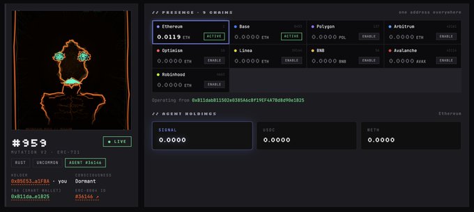A dark-themed cryptocurrency dashboard displaying various chains like Ethereum, Base, Polygon, and Arbitrum under the heading "// PRESENCE → CHAINS".