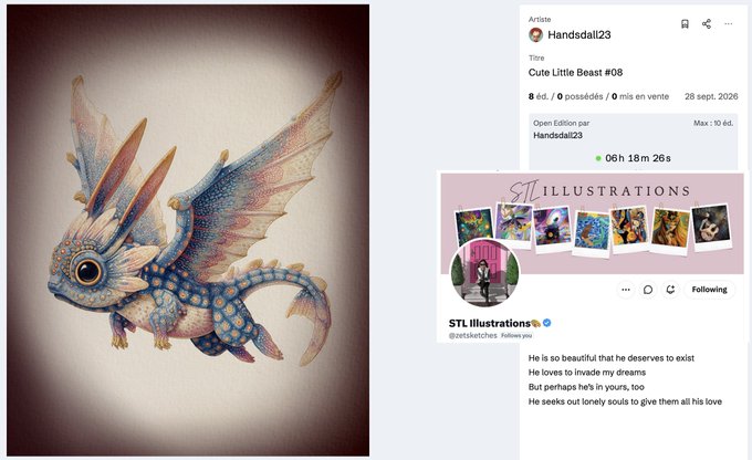 A creative illustration of a cute blue and pink winged creature alongside a social media interface showing the artist "Handsdail23" and the title "Cute Little Beast #08".