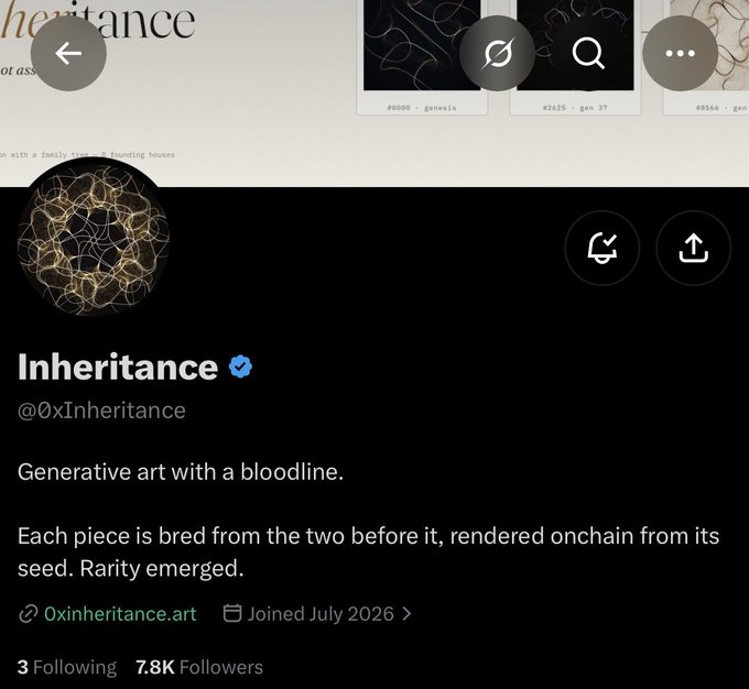 A Twitter profile for "Inheritance" (@0xInheritance) with a verified badge, describing itself as "Generative art with a bloodline," where each piece is bred from the previous two and rendered onchain from its seed. The profile shows 7.8K followers, 3 following, and a website link to 0xinheritance.art, with artwork previews (#0000 genesis, #2425 gen 37, #0566 gen) visible at the top—visually supporting the post's description of a family-tree-based generative art collection.