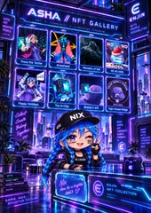 A vibrant purple and blue digital illustration of an 'ASHA // NFT GALLERY' features a chibi character labeled 'NIX' surrounded by various NFT thumbnails.