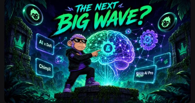 A vibrant, neon-colored graphic titled "THE NEXT BIG WAVE?" featuring a cartoon monkey character surrounded by logos and text for AI crypto projects like "AI x DeFi," "ChimpX," and "Mojo AI Pro."