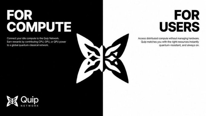 A black and white split-panel graphic featuring a butterfly-like logo for Quip Network, with "FOR COMPUTE" on the dark left side explaining how users can connect idle compute to earn rewards, and "FOR USERS" on the light right side describing access to distributed quantum-classical compute resources. The image reinforces the post's message by illustrating Quip Network's dual value proposition of fostering an active ecosystem that benefits both resource contributors and users in the community.