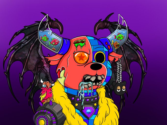 A colorful digital illustration of a zombified dog character with one star eye, bat-like wings, and a skull shoulder pad, set against a purple background.