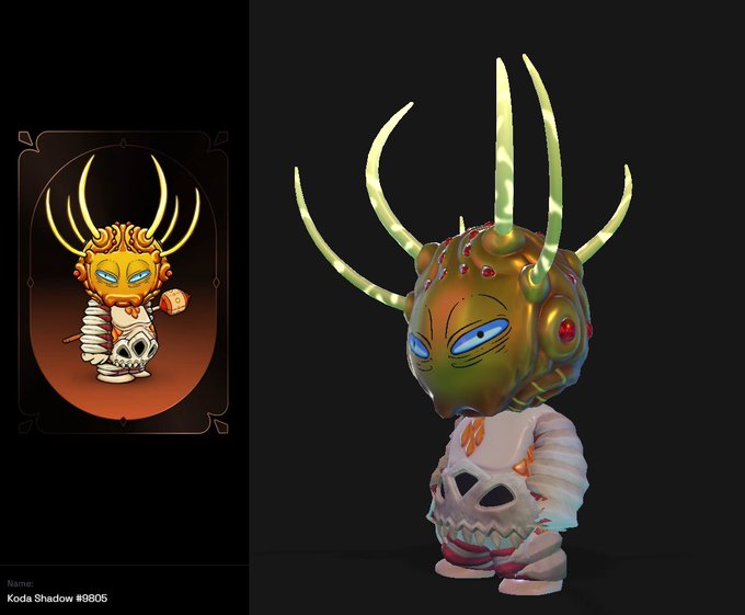 A 3D rendered character called 'Koda Shadow #9806' featuring a greenish skull-like head with glowing yellow antenna/horns and blue eyes, wearing bandages, displayed alongside its 2D card art version.