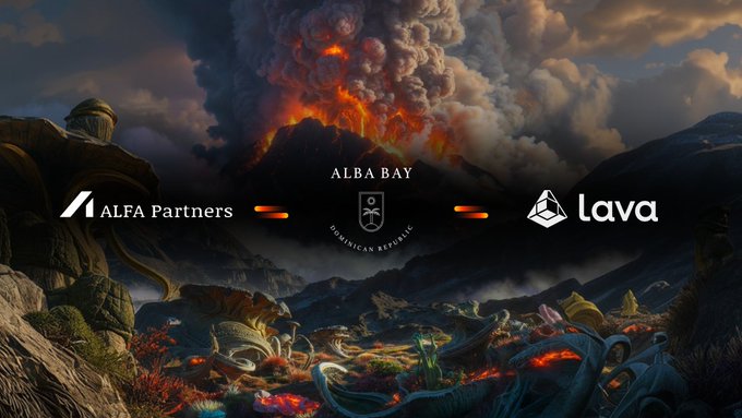 A dramatic landscape featuring an erupting volcano with the logos 'ALFA Partners', 'ALBA BAY Dominican Republic', and 'lava' displayed across the center.