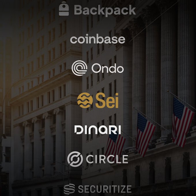 The image shows the logos of Backpack, Coinbase, Ondo, Sei, Dinari, Circle, and Securitize against a U.S. government building with American flags. It highlights the growing regulated tokenized-economy ecosystem described in the post, with Ondo’s USDY on Sei, native USDC from Circle, Dinari tokenized stocks coming soon, and Washington updating regulations.