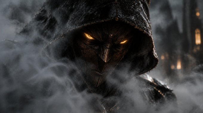A hooded, masked figure with glowing yellow eyes emerges from swirling smoke, evoking a dark, mysterious presence. The ominous imagery pairs with the "Gm fam" post to suggest a cryptically motivated start to the day.