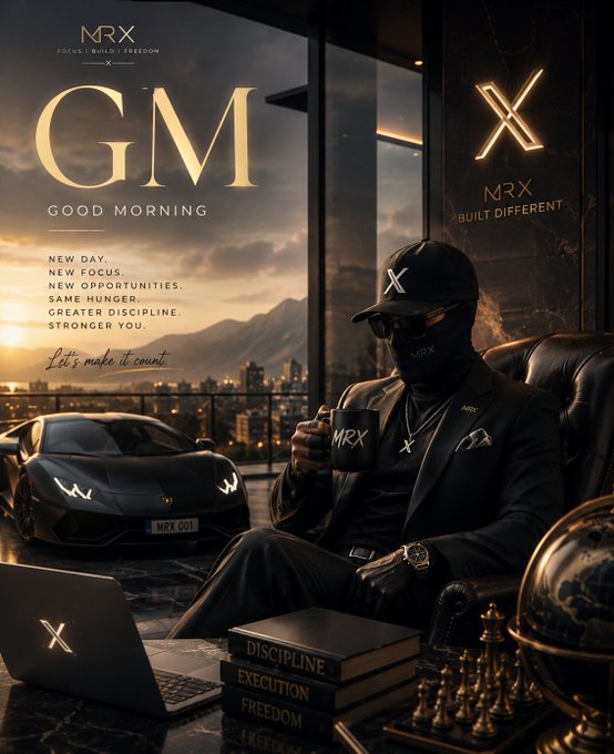 A luxury lifestyle 'GM / Good Morning' motivational poster branded MRX ('BUILT DIFFERENT'), showing a masked man in black holding an MRX mug beside a Lamborghini, with books titled DISCIPLINE, EXECUTION, and FREEDOM.