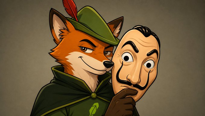 The image features a sly cartoon fox wearing a green Robin Hood hat with a feather, leaning next to a character in a Salvador Dalí mask (the iconic disguise from *Money Heist*). The pairing visually links the fox's classic "mastermind trickster" symbolism with the show's theme of heist planning, matching the caption's nod to a chain's schemer behind the scenes.