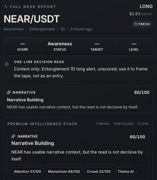 A meme or cartoon image showing a text box with an exclamation mark inside, possibly related to a conversation about Near/USDT trading or market activity. The image also mentions names like "Killer! @qumoapp" (possibly referring to a trader named Qumo), and "@NEARis ready to keep the party going." The post may be discussing how Near/USDT has been successful in keeping the portfolio happy during turbulent times, with the meme featuring an exclamation mark symbolizing excitement or enthusiasm about the trading strategy.