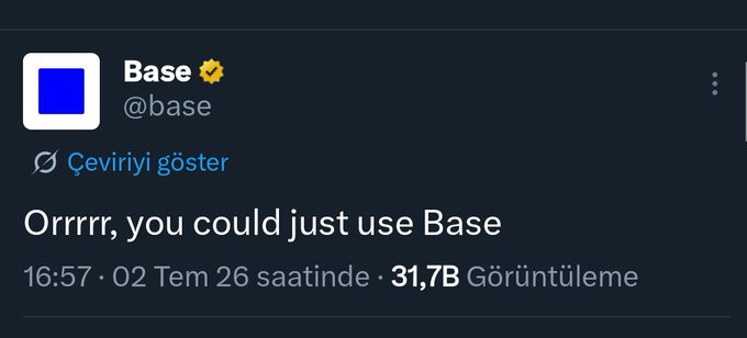 The image shows an official X (Twitter) post from the verified **@base** account, featuring a blue square profile picture and a verified checkmark. The tweet reads **"Orrrrr, you could just use Base"** and was posted on July 2 at 16:57, amassing **31.7B views**. This aligns with the accompanying post's theme, highlighting how Base's official messaging emphasizes active network usage over passively waiting for an airdrop.