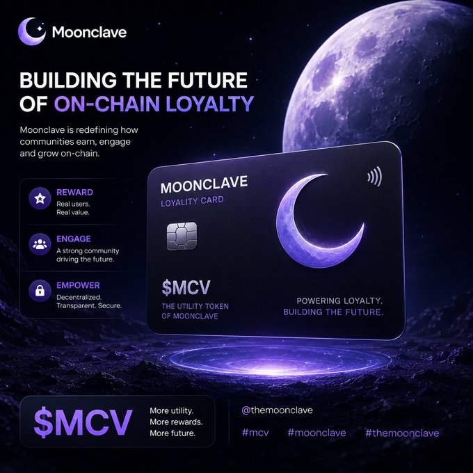 A promotional graphic for Moonclave features a purple-themed loyalty card with '$MCV' branding, the tagline 'BUILDING THE FUTURE OF ON-CHAIN LOYALTY,' and @themoonclave social handle.
