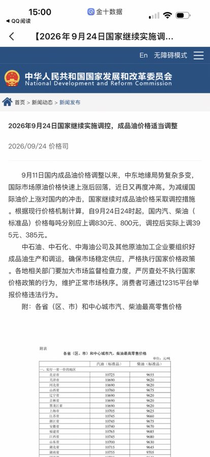 A Chinese government webpage from the National Development and Reform Commission (price司) dated 2026/09/24, announcing an adjustment to refined oil and diesel prices, raising prices by 395 yuan and 385 yuan per ton respectively.