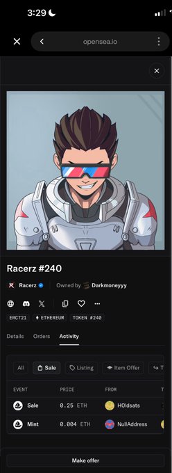 An OpenSea NFT page for "Racerz #240" (ERC-721, ETHEREUM token #240) on the collection Racrz, owned by Darkmoneyyy, displaying activity of a Sale for 0.25 ETH and a Mint for 0.004 ETH. The image supports the post by showing the NFT's recent sale and mint activity, reflecting the user's quick flip profit and partial holdings.