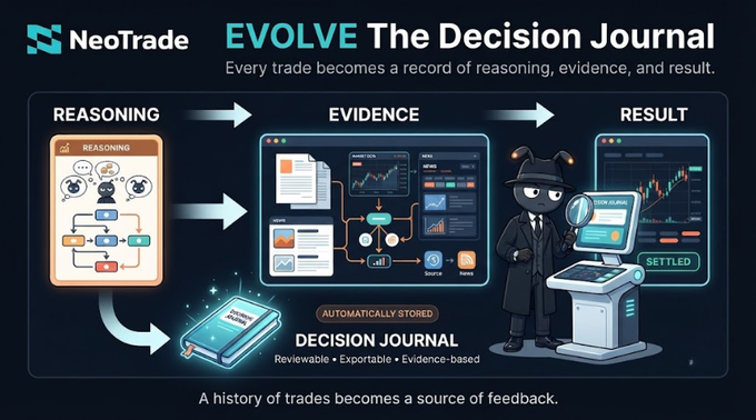 A promotional graphic for NeoTrade titled 'EVOLVE The Decision Journal' illustrating a workflow of REASONING → EVIDENCE → RESULT with cartoon characters and trading charts.