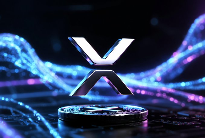 The image features a stylized 3D rendering of the XRP cryptocurrency logo (a metallic "X" emblem) resting on a coin, surrounded by flowing blue and purple light waves, which directly corresponds to the post about $5.98M in net inflows to spot XRP ETFs on July 30.