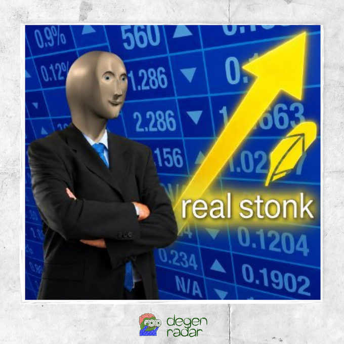 A 'degen radar' meme featuring a Meme Man figure in a suit standing before a stock chart with a yellow upward arrow and the text 'real stonk'.