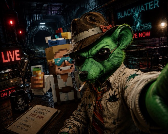 A green anthropomorphic mouse in a tattered fedora, sunglasses, and a stained shirt takes a selfie in a dark, neon-lit room alongside a pixelated Minecraft-style character; signs read 'BLACKWATER X SPACES LIVE NOW' and 'LIVE ON AIR'.